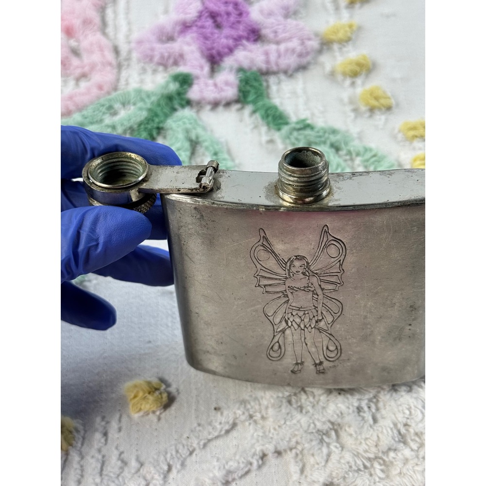 Vintage Fairy Etched Stainless Steel Hip Flask 5oz Silver Y2K Whimsigoth Pocket - Picture 8 of 11